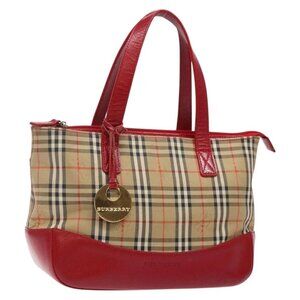 BURBERRY Nova Check Hand Bag Canvas Beige Red gold Auth 140919